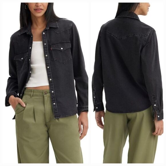 🔸️NWT Levi's Black Ultimate Snap Buttoned Western Long Sleeve Top Large - Picture 1 of 12
